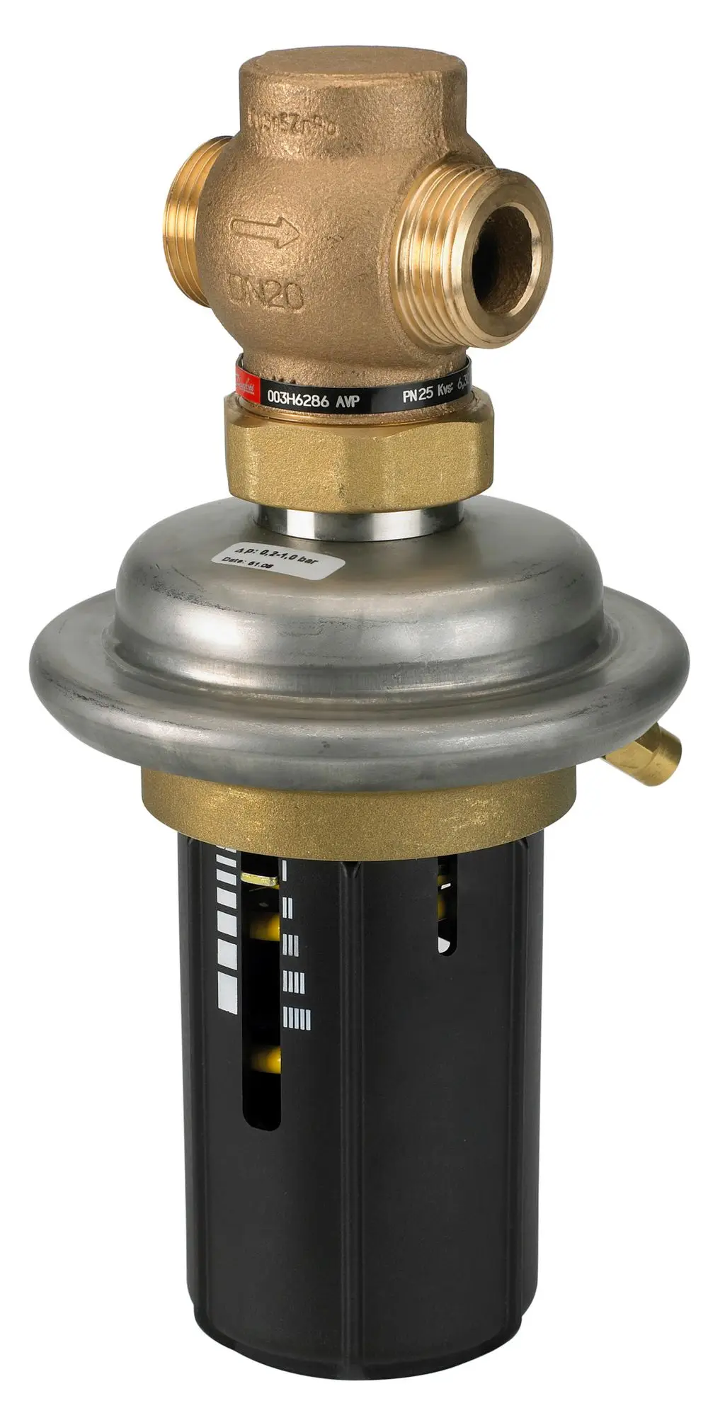 Danfoss Differenzdruckregler mit metallischem Oberteil und Kunststoffkörper, Anschluss für Druckleitungen, geformte Anzeigen auf der seitlichen Oberfläche.
